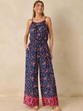 Boho Coastal Wide Leg‎ Jumpsuit Floral Print Navy Pink Flowy Fit